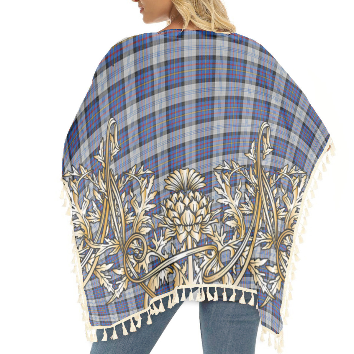 ScotsTee Shop Scottish Gillies Dress Blue Tartan Scotland Royal Golden Thistle Square Fringed Shawl