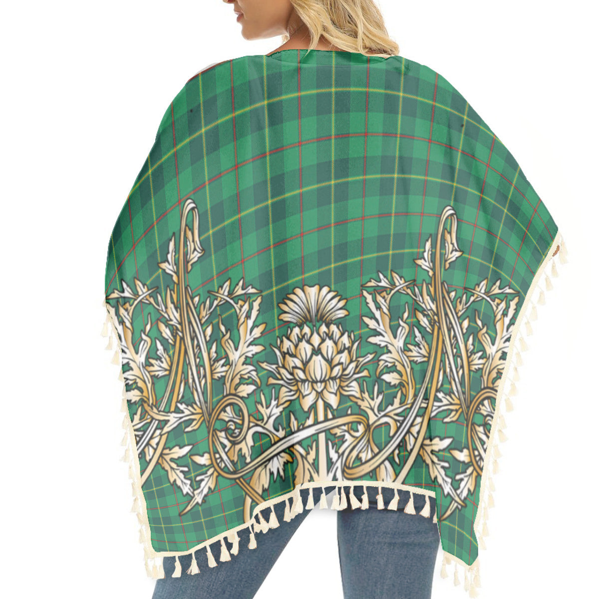 ScotsTee Shop Scottish Galloway Green Modern Tartan Scotland Royal Golden Thistle Square Fringed Shawl