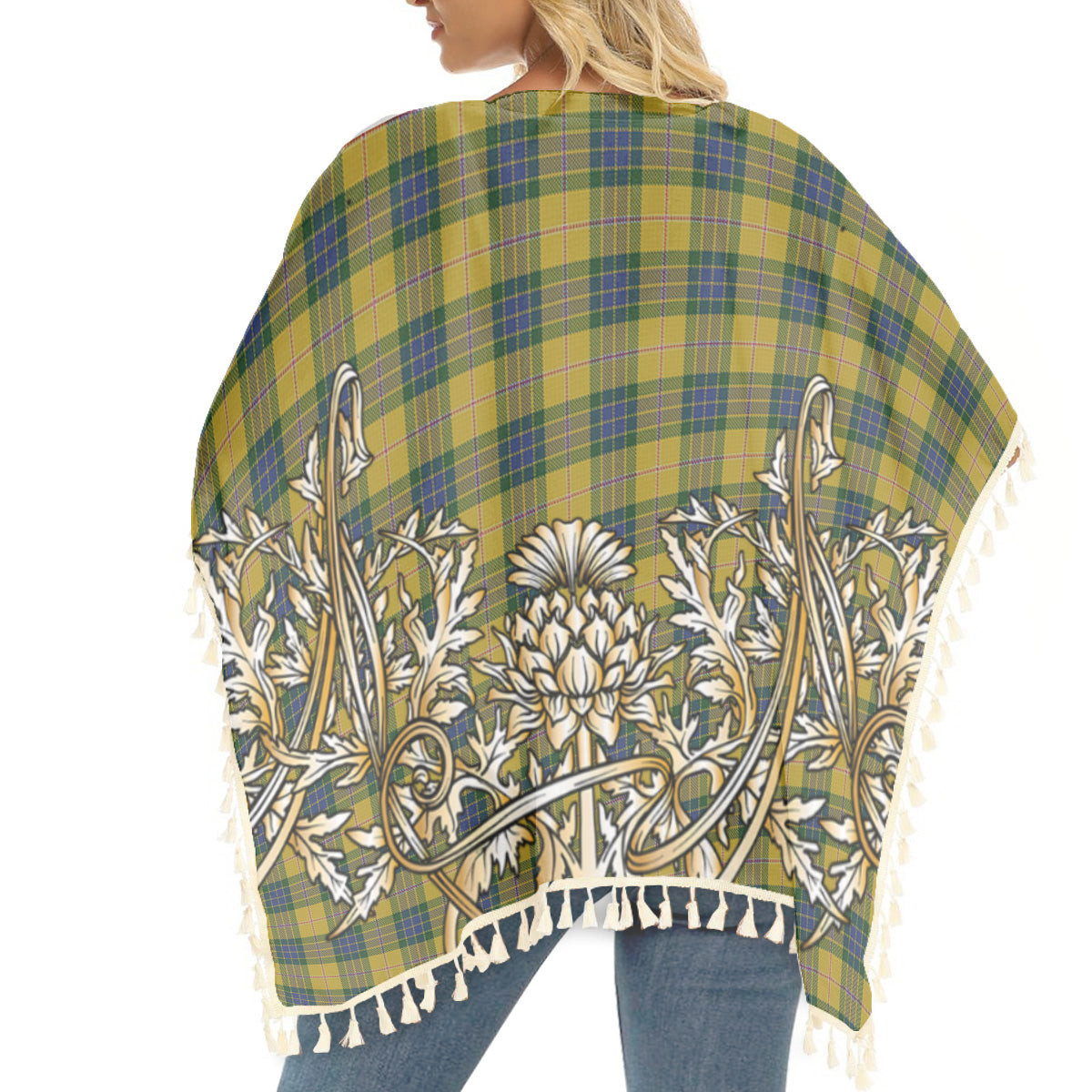 ScotsTee Shop Scottish Fraser Yellow Tartan Scotland Royal Golden Thistle Square Fringed Shawl