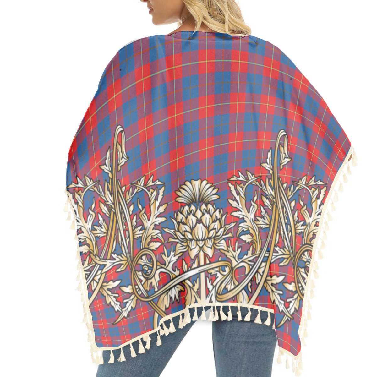 ScotsTee Shop Scottish Galloway Red Tartan Scotland Royal Golden Thistle Square Fringed Shawl