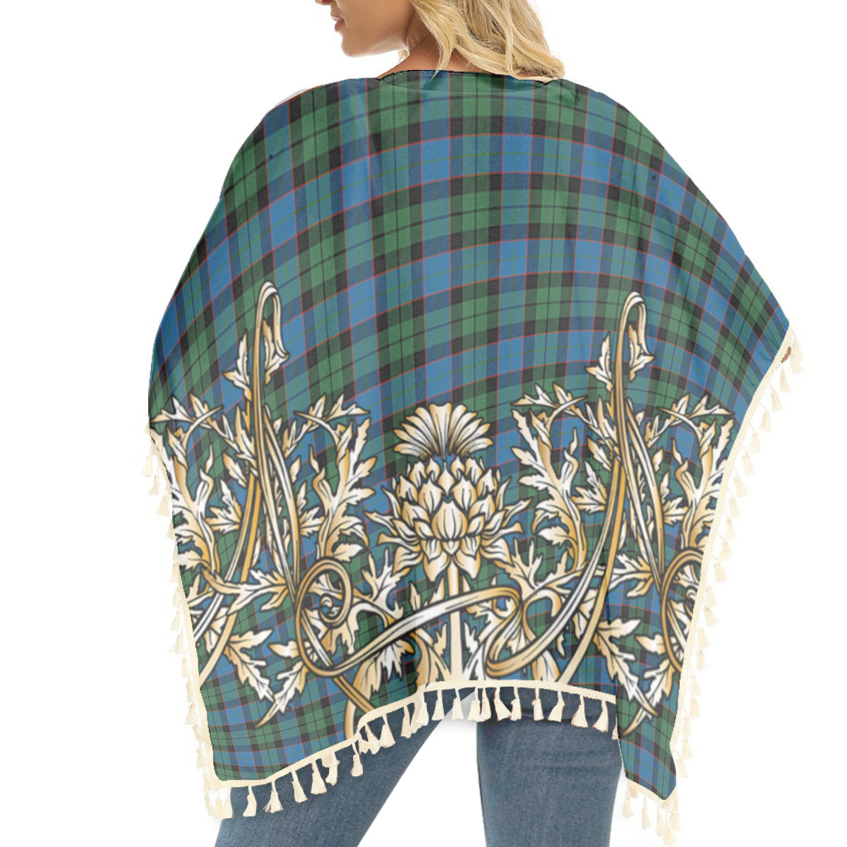 ScotsTee Shop Scottish Fergusson of Balquhidder Ancient Tartan Scotland Royal Golden Thistle Square Fringed Shawl