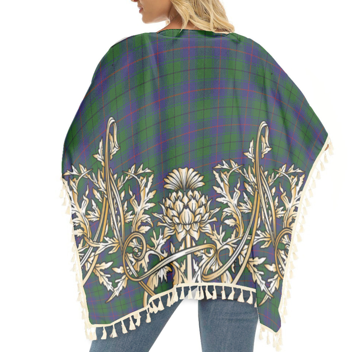 ScotsTee Shop Scottish Davidson Half Tartan Scotland Royal Golden Thistle Square Fringed Shawl