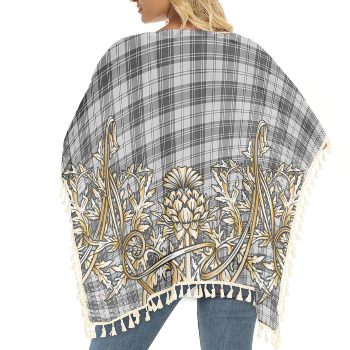 ScotsTee Shop Scottish Douglas Grey Modern Tartan Scotland Royal Golden Thistle Square Fringed Shawl