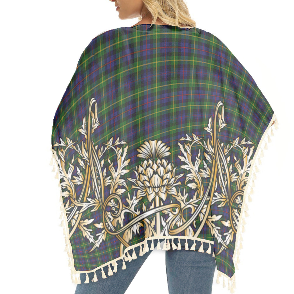 ScotsTee Shop Scottish Farquharson Tartan Scotland Royal Golden Thistle Square Fringed Shawl