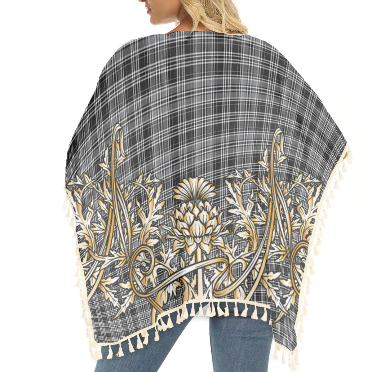 ScotsTee Shop Scottish Drummond Grey Modern Tartan Scotland Royal Golden Thistle Square Fringed Shawl