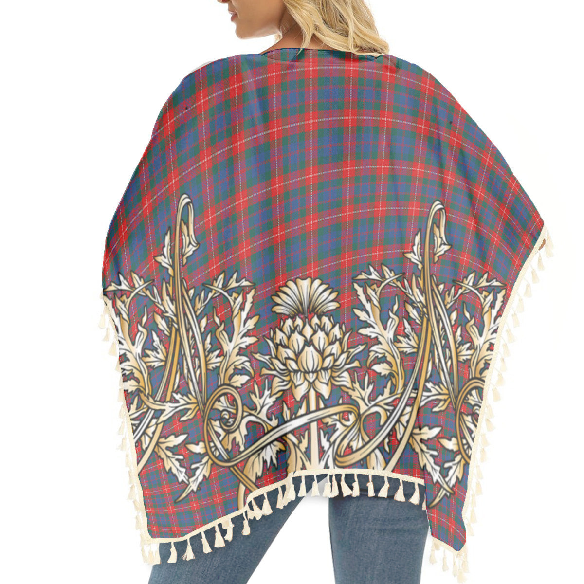 ScotsTee Shop Scottish Fraser of Lovat Modern Tartan Scotland Royal Golden Thistle Square Fringed Shawl