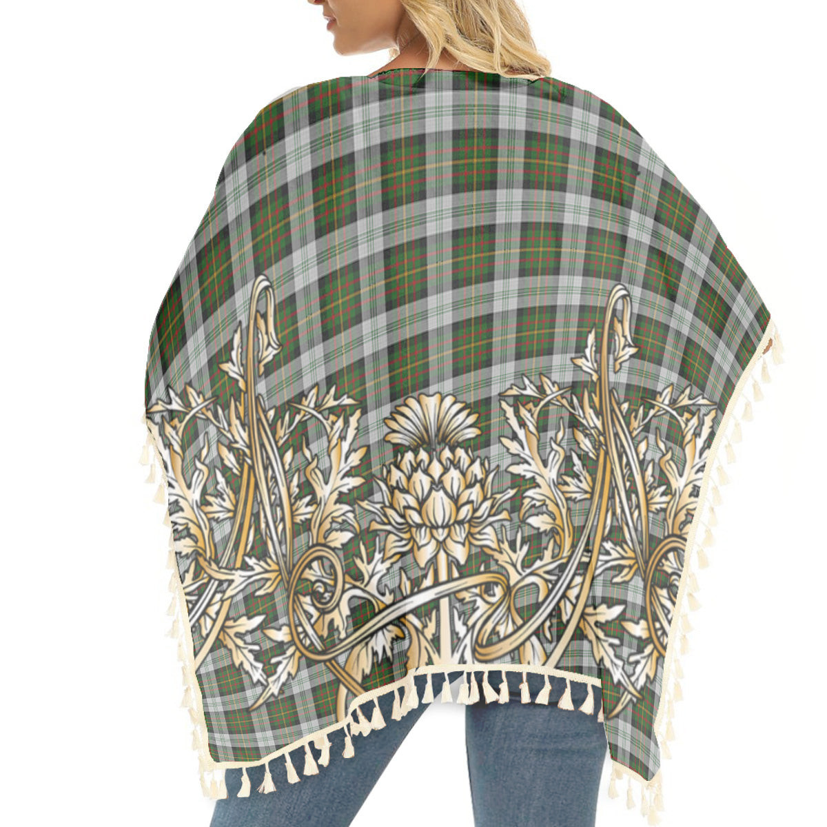 ScotsTee Shop Scottish Gillies Dress Green Tartan Scotland Royal Golden Thistle Square Fringed Shawl