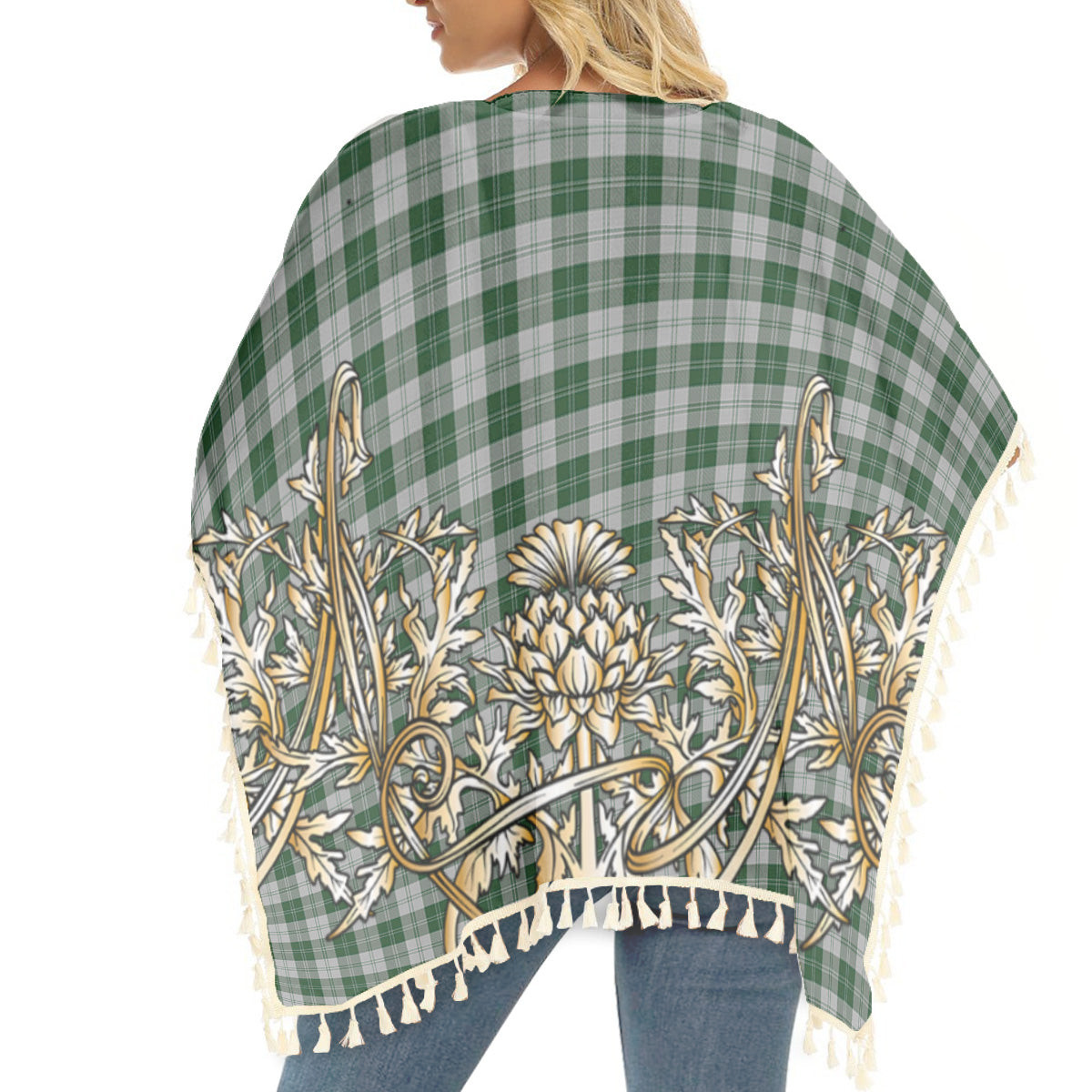 ScotsTee Shop Scottish Erskine Green Tartan Scotland Royal Golden Thistle Square Fringed Shawl