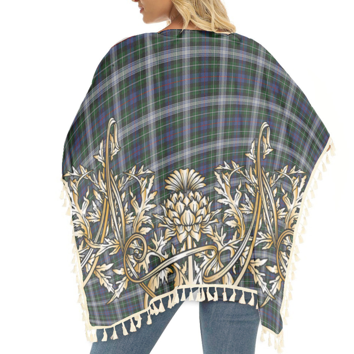 ScotsTee Shop Scottish MacKenzie Dress 2 Tartan Scotland Royal Golden Thistle Square Fringed Shawl