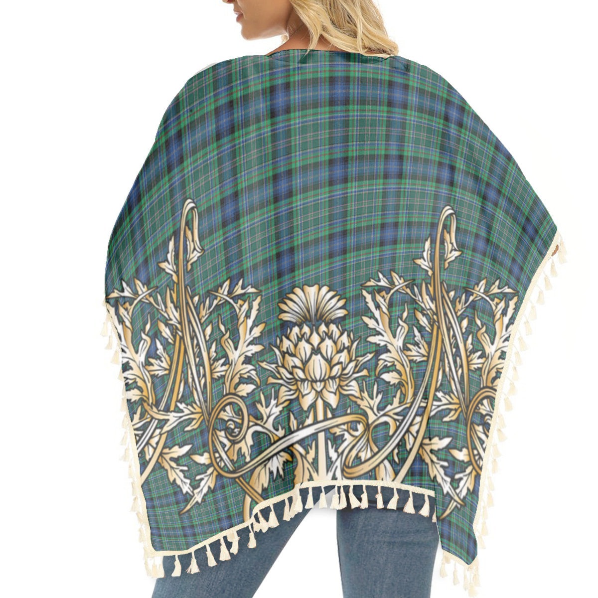 ScotsTee Shop Scottish Young Melvina Modern Tartan Scotland Royal Golden Thistle Square Fringed Shawl