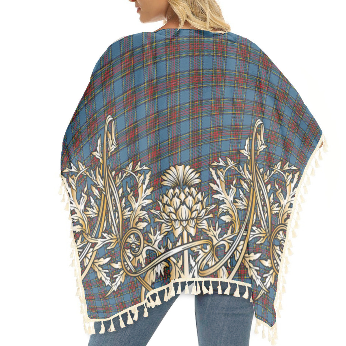 ScotsTee Shop Scottish Stewart Royal Blue Tartan Scotland Royal Golden Thistle Square Fringed Shawl