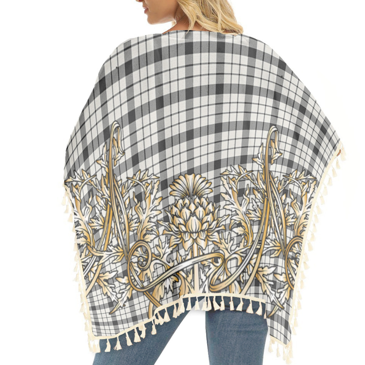 ScotsTee Shop Scottish McFarlane Black White Ancient Tartan Scotland Royal Golden Thistle Square Fringed Shawl