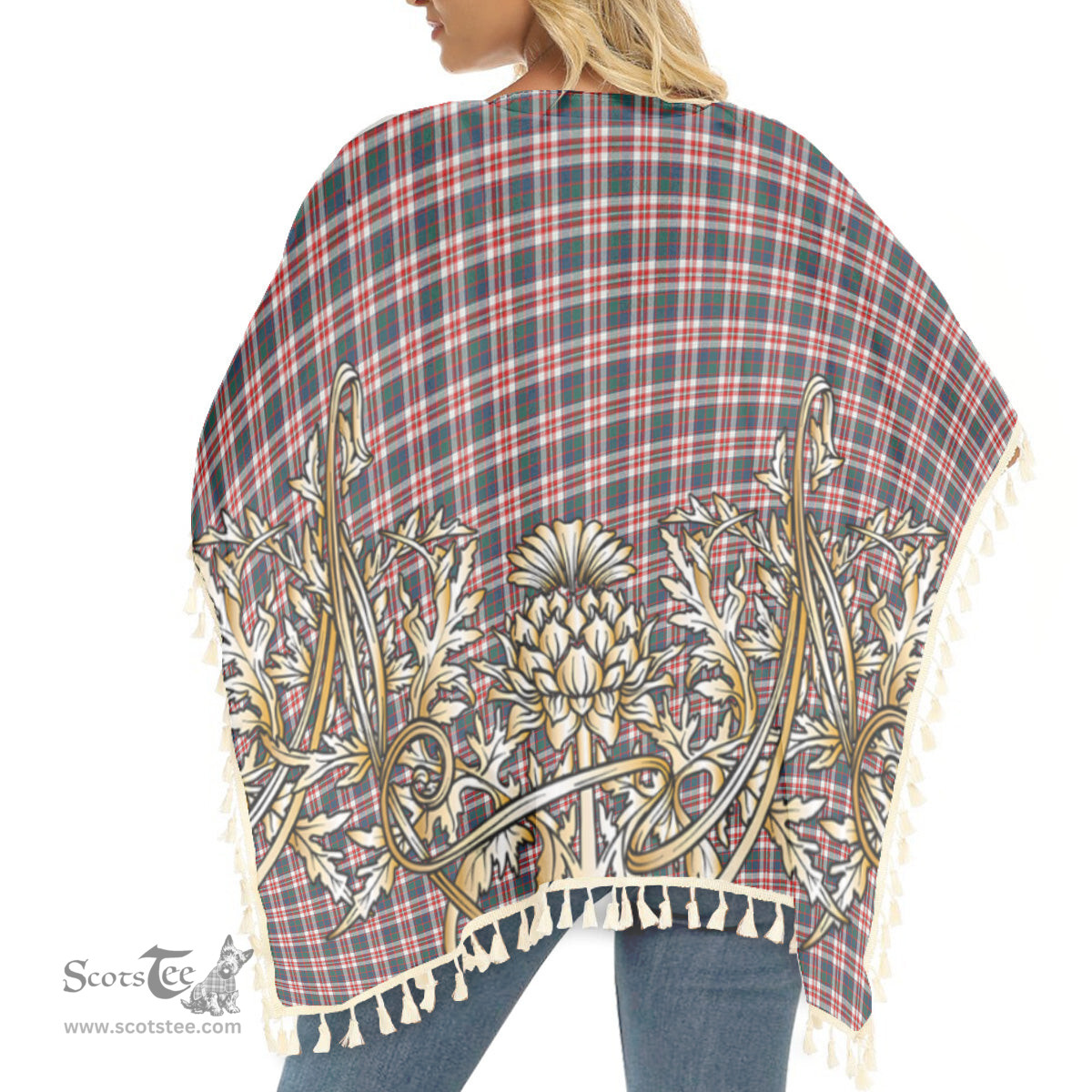 ScotsTee Shop Scottish Robertson Dress #2 Modern Tartan Scotland Royal Golden Thistle Square Fringed Shawl