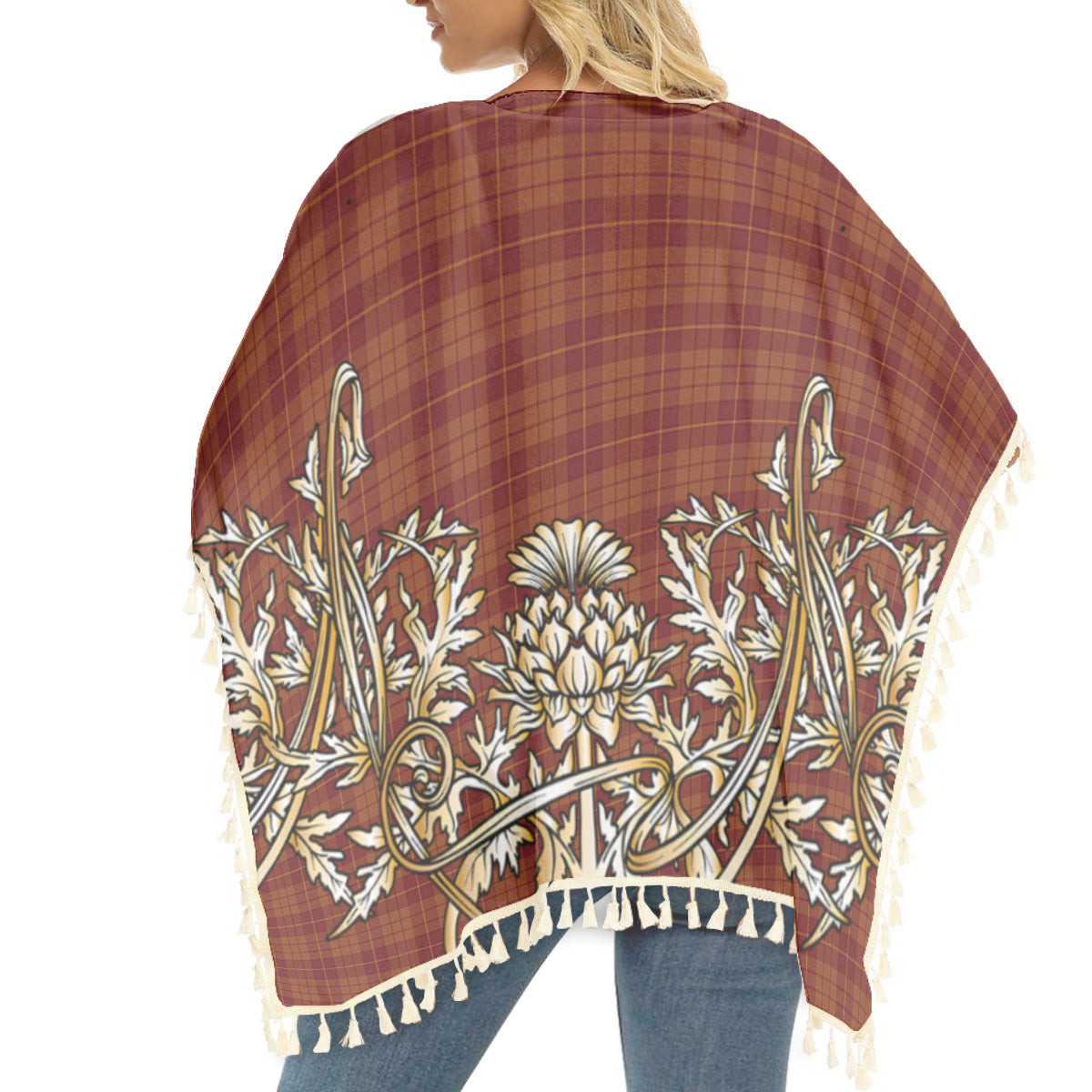 ScotsTee Shop Scottish Hamilton Red Tartan Scotland Royal Golden Thistle Square Fringed Shawl
