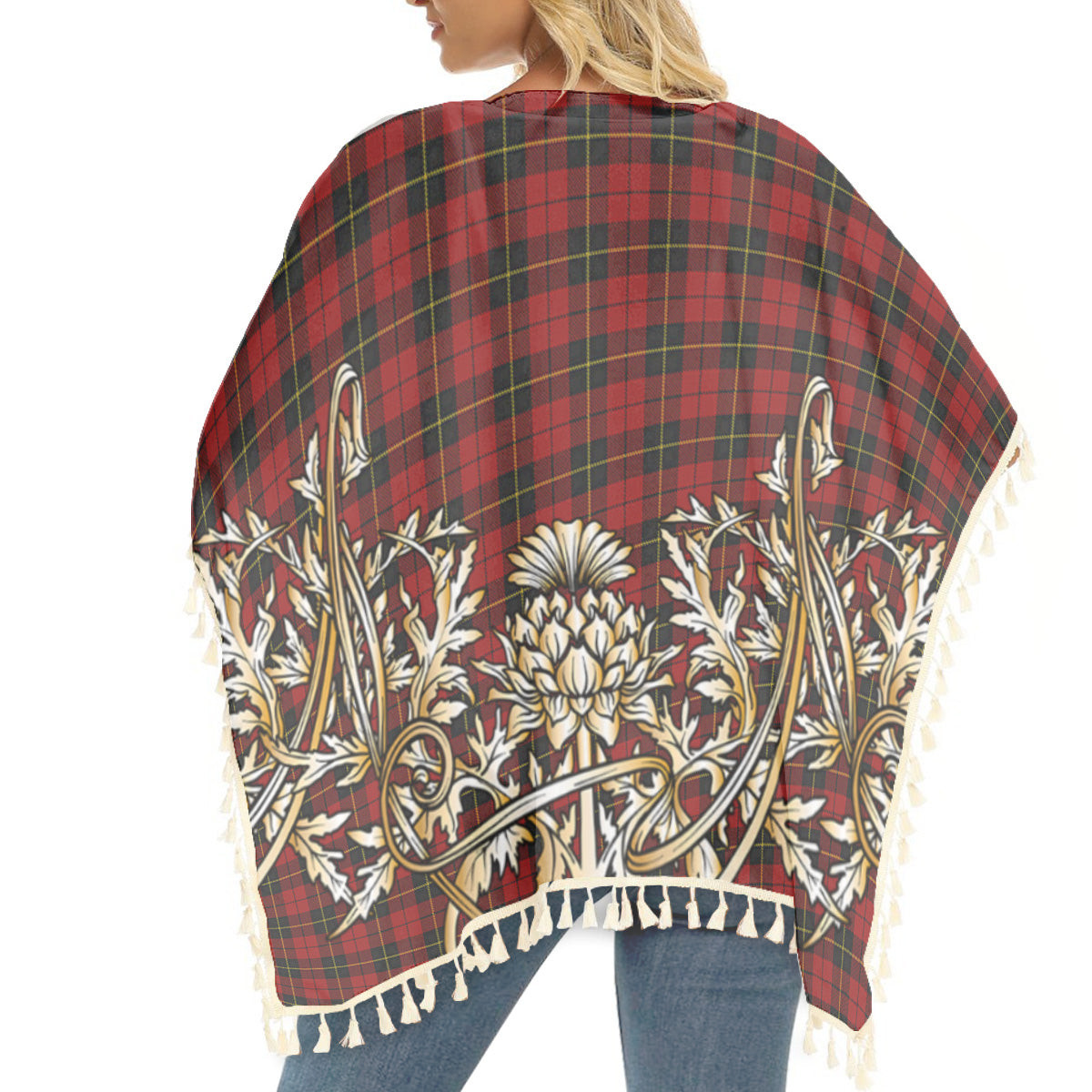 ScotsTee Shop Scottish Wallace Tartan Scotland Royal Golden Thistle Square Fringed Shawl