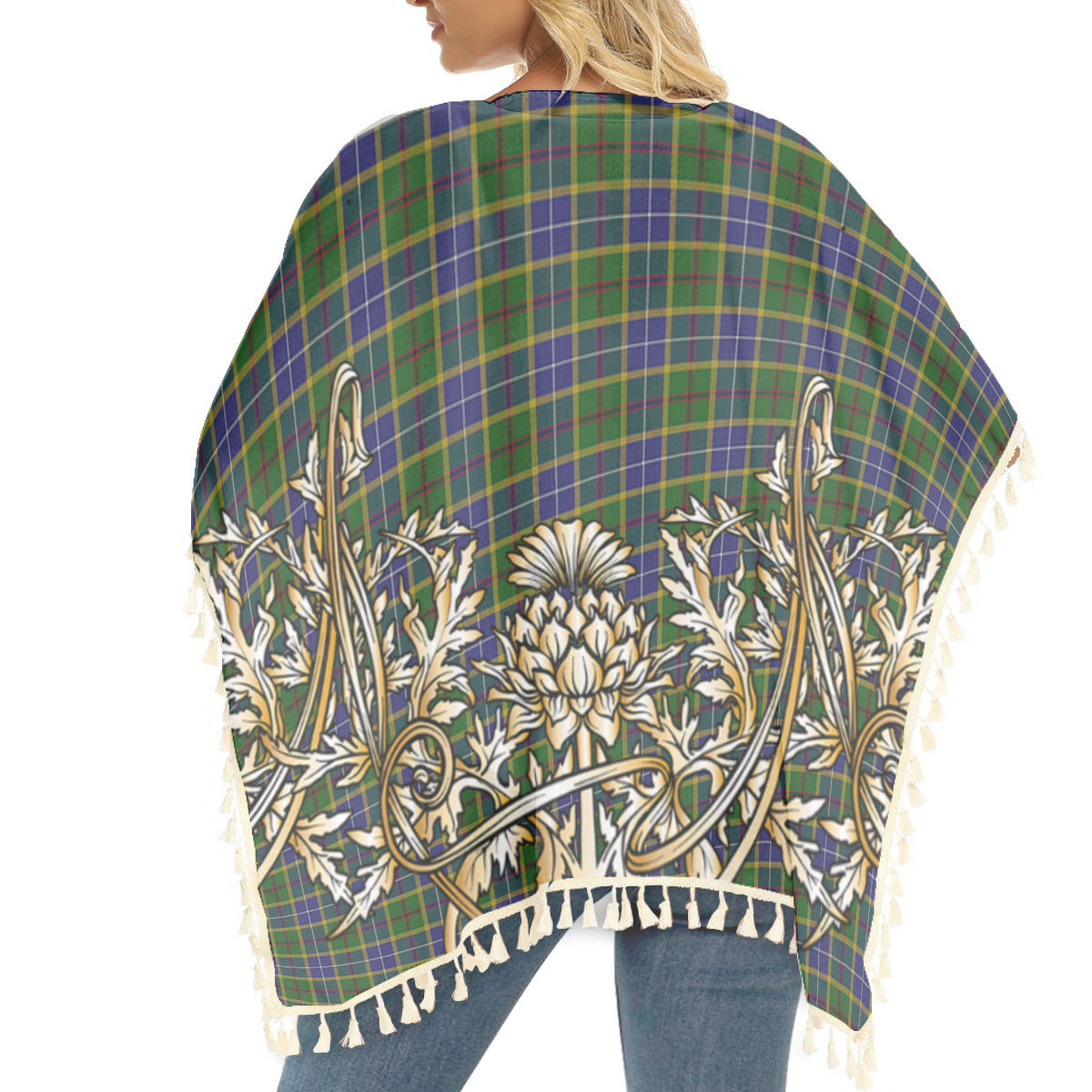 ScotsTee Shop Scottish Turnbull of Thornton Tartan Scotland Royal Golden Thistle Square Fringed Shawl