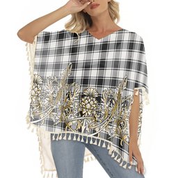 ScotsTee Shop Scottish MacFie Black & White Modern Tartan Scotland Royal Golden Thistle Square Fringed Shawl