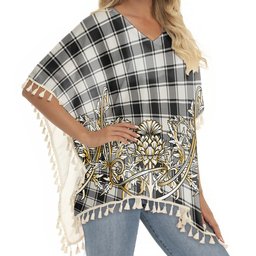 ScotsTee Shop Scottish MacFie Black & White Modern Tartan Scotland Royal Golden Thistle Square Fringed Shawl