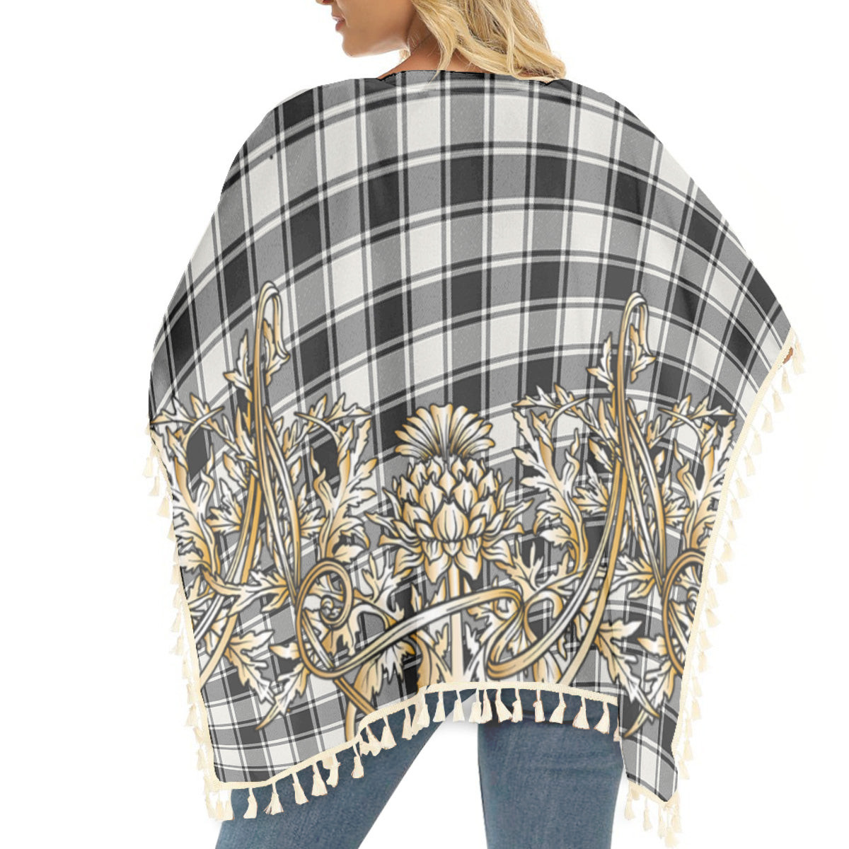 ScotsTee Shop Scottish MacFie Black & White Modern Tartan Scotland Royal Golden Thistle Square Fringed Shawl