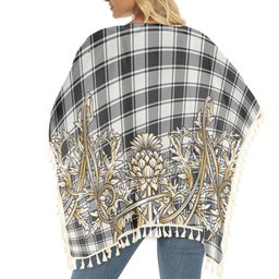ScotsTee Shop Scottish MacFie Black & White Modern Tartan Scotland Royal Golden Thistle Square Fringed Shawl
