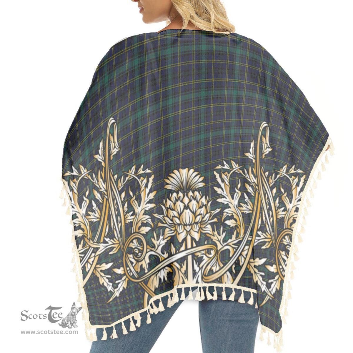 ScotsTee Shop Scottish Hope Vere Modern Clan Tartan Scotland Royal Golden Thistle Square Fringed Shawl