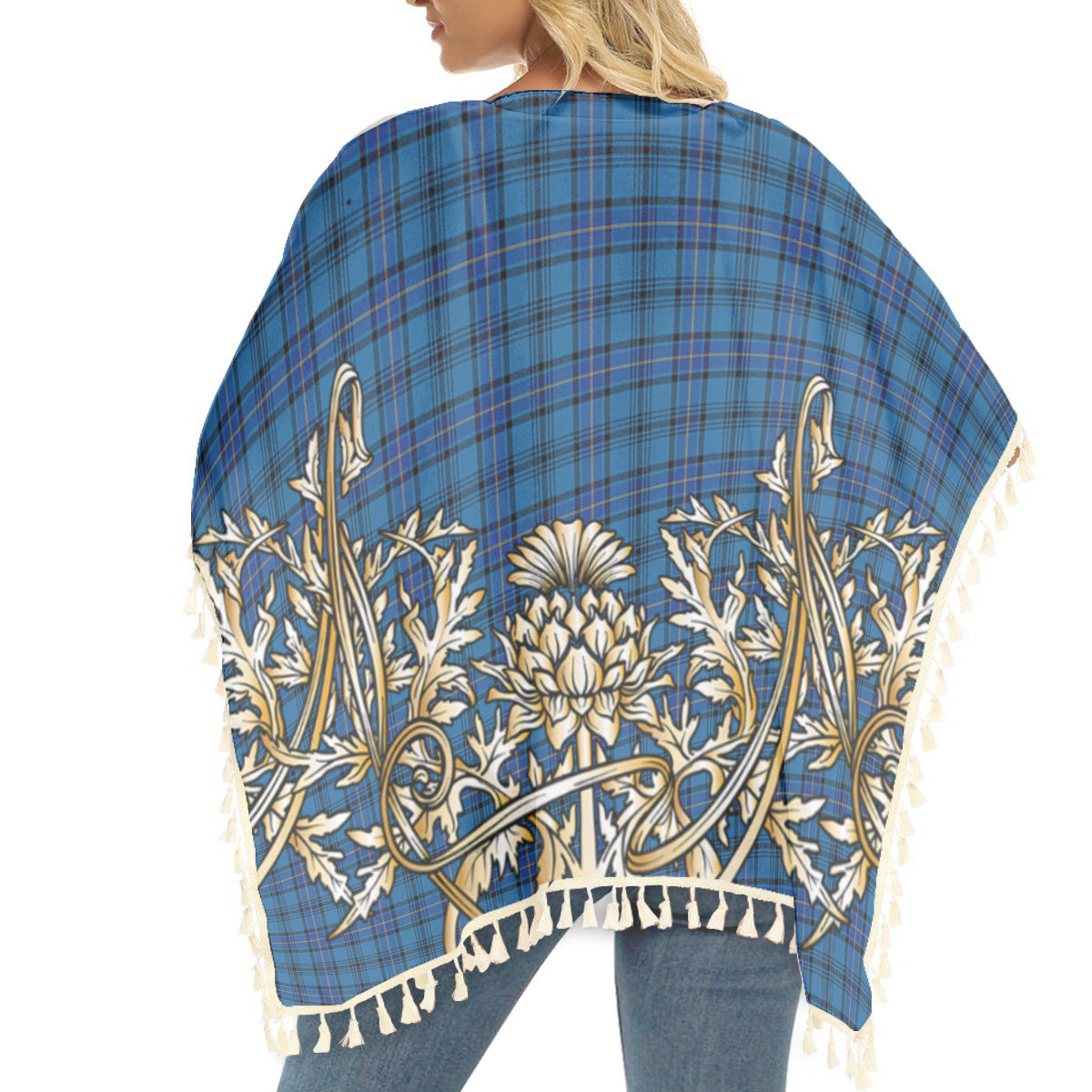 ScotsTee Shop Scottish Hannay Blue Modern Tartan Scotland Royal Golden Thistle Square Fringed Shawl
