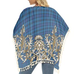 ScotsTee Shop Scottish Hannay Blue Modern Tartan Scotland Royal Golden Thistle Square Fringed Shawl