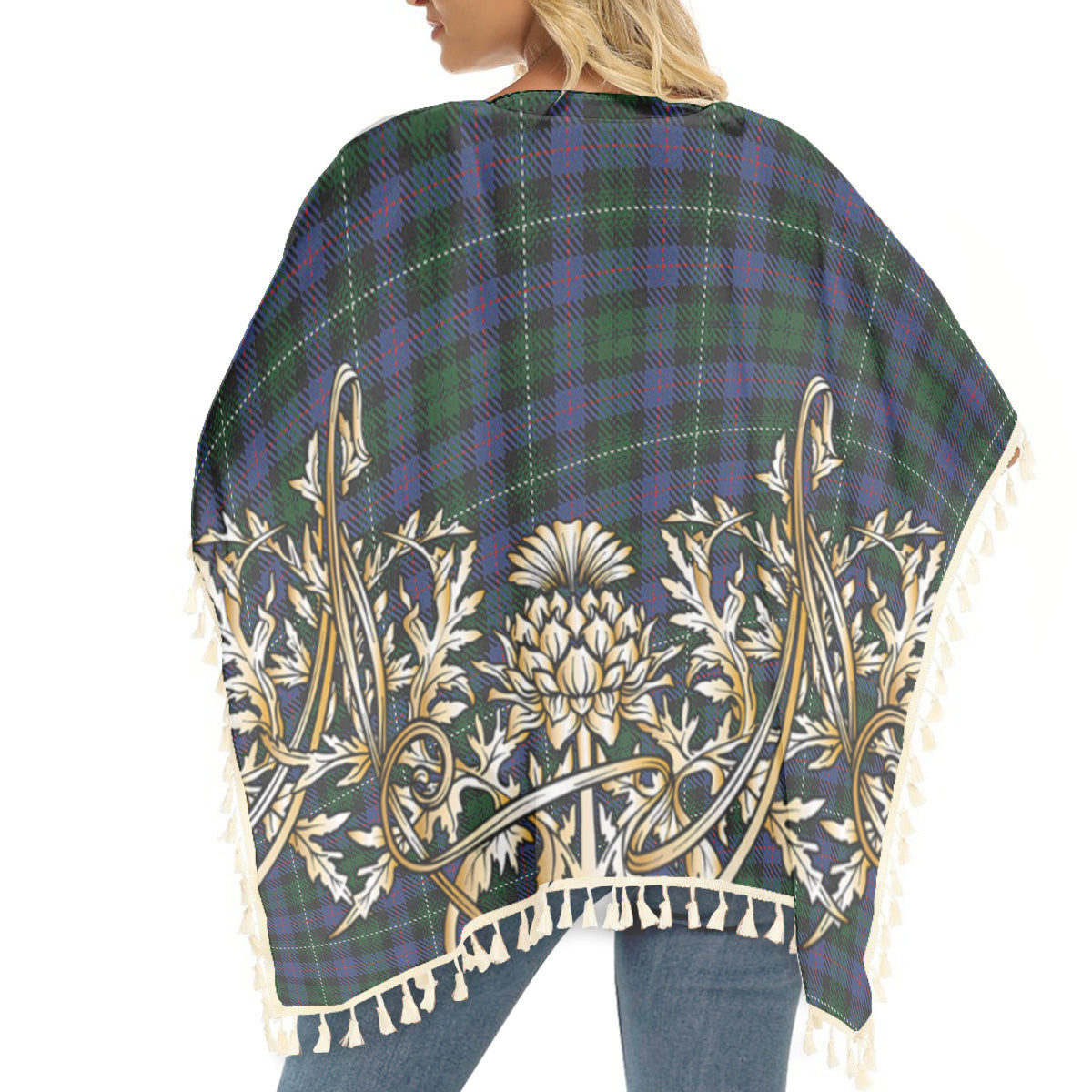 ScotsTee Shop Scottish Urquhart Brydone Tartan Scotland Royal Golden Thistle Square Fringed Shawl
