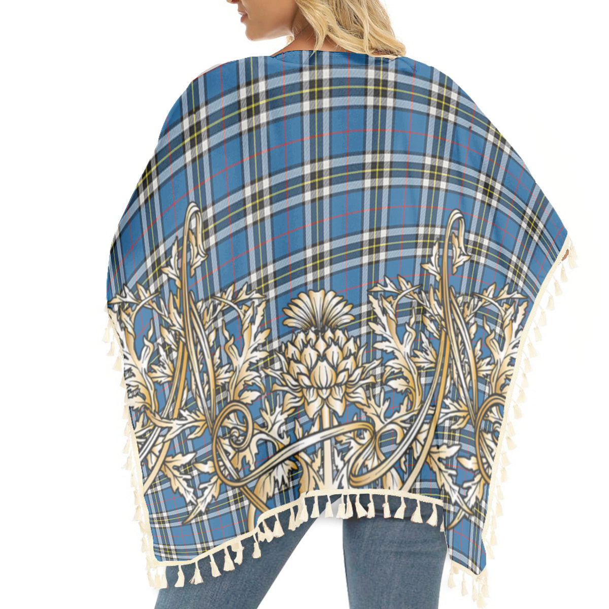 ScotsTee Shop Scottish McThomas Blue Modern Tartan Scotland Royal Golden Thistle Square Fringed Shawl