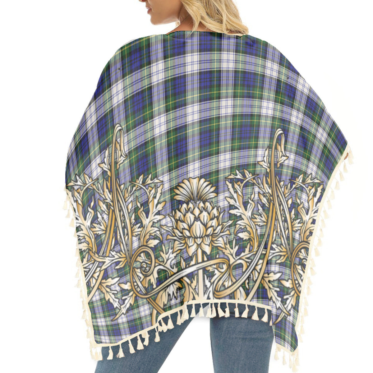 ScotsTee Shop Scottish Gordon Dress Modern Tartan Scotland Royal Golden Thistle Square Fringed Shawl