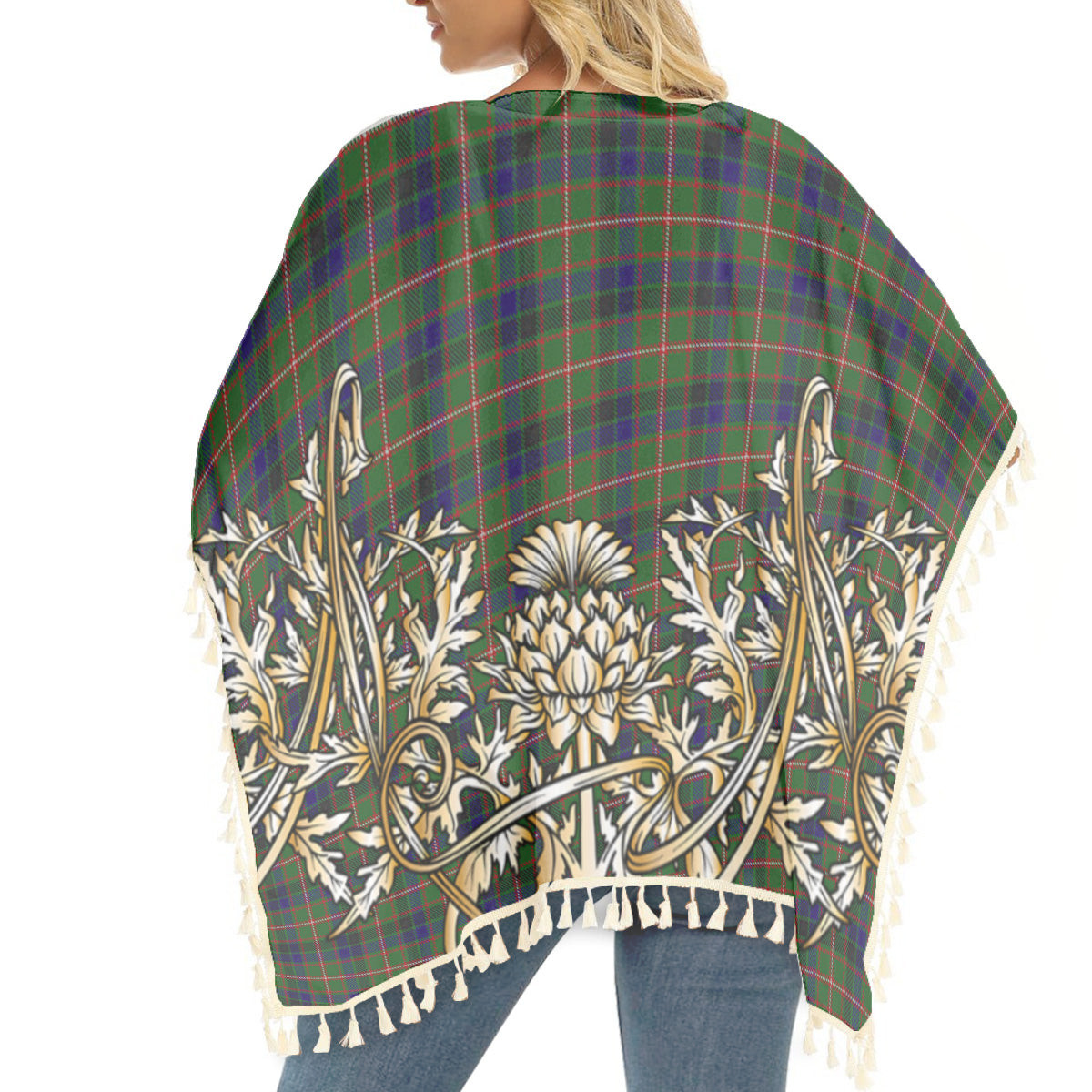 ScotsTee Shop Scottish Reid Green Tartan Scotland Royal Golden Thistle Square Fringed Shawl