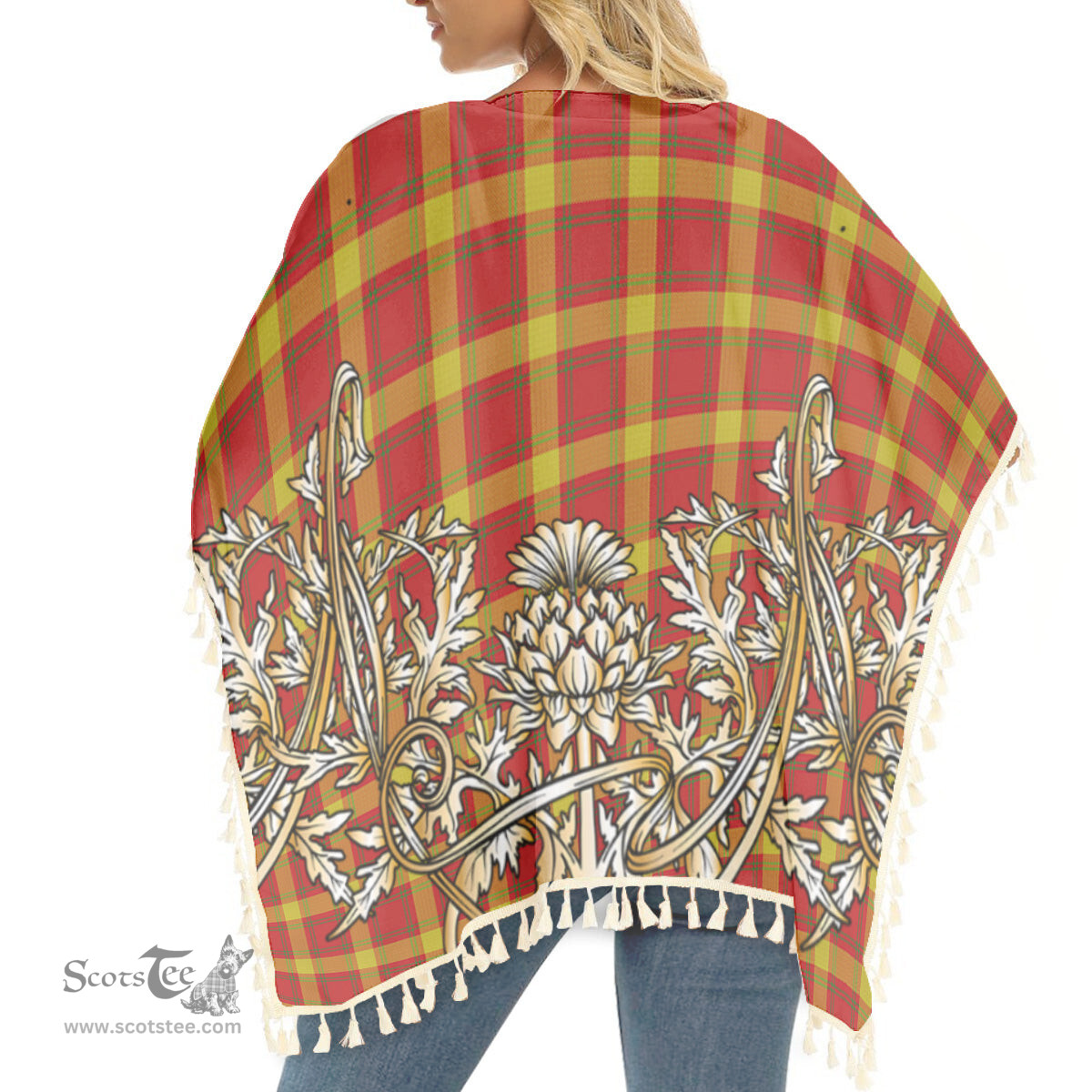 ScotsTee Shop Scottish Maguire Black Tartan Scotland Royal Golden Thistle Square Fringed Shawl