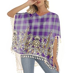 ScotsTee Shop Scottish Menzies Mauve and White Tartan Scotland Royal Golden Thistle Square Fringed Shawl
