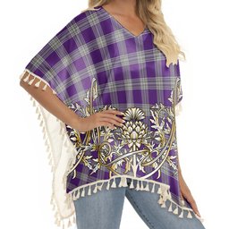 ScotsTee Shop Scottish Menzies Mauve and White Tartan Scotland Royal Golden Thistle Square Fringed Shawl