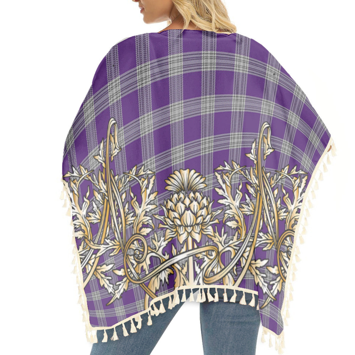ScotsTee Shop Scottish Menzies Mauve and White Tartan Scotland Royal Golden Thistle Square Fringed Shawl