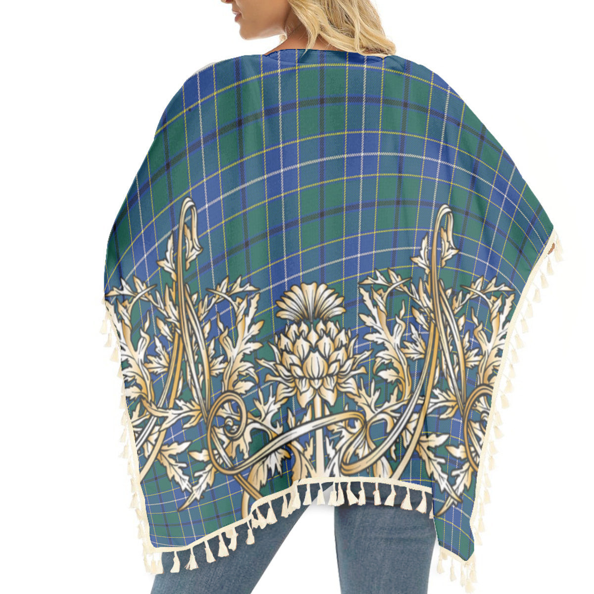 ScotsTee Shop Scottish Wishart Hunting Modern Clan Tartan Scotland Royal Golden Thistle Square Fringed Shawl