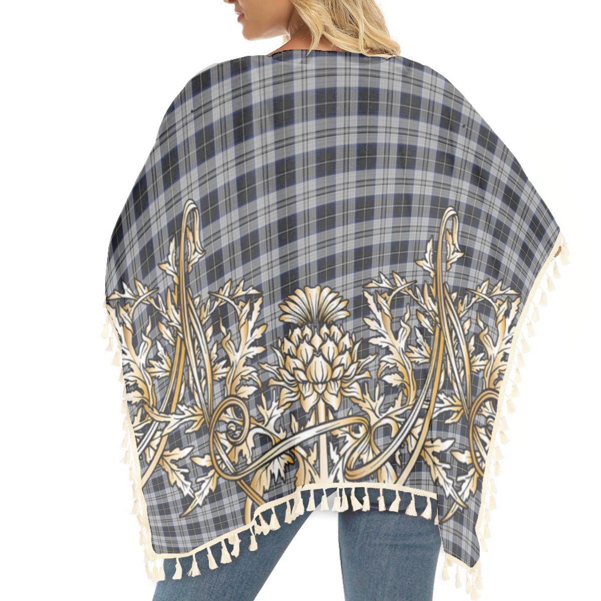 ScotsTee Shop Scottish Menzies Black Dress Tartan Scotland Royal Golden Thistle Square Fringed Shawl