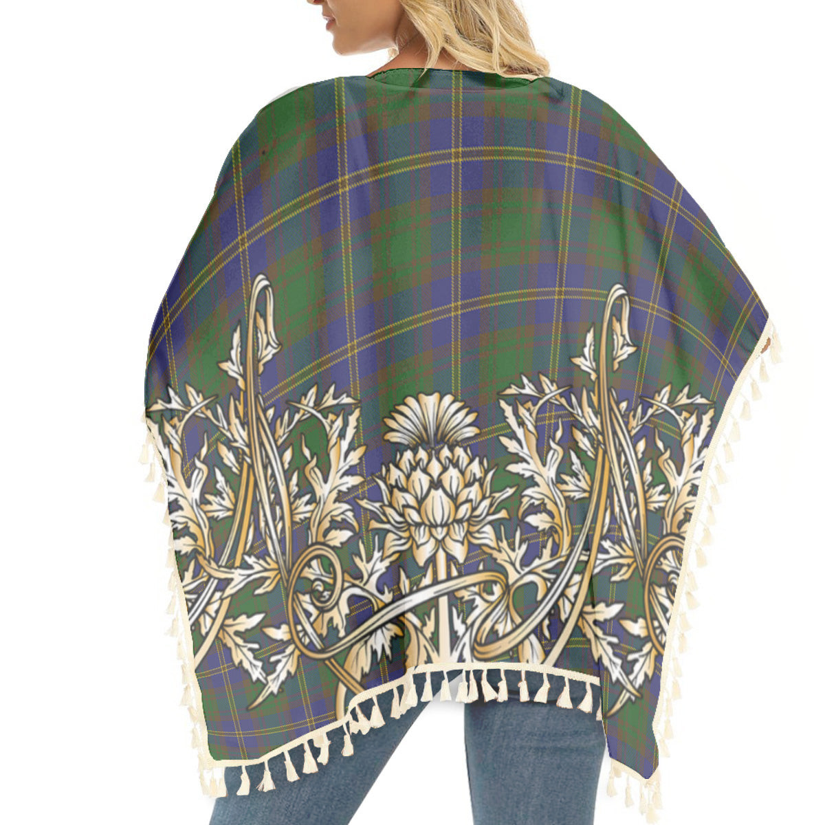 ScotsTee Shop Scottish Strang of Balkaskie Tartan Scotland Royal Golden Thistle Square Fringed Shawl