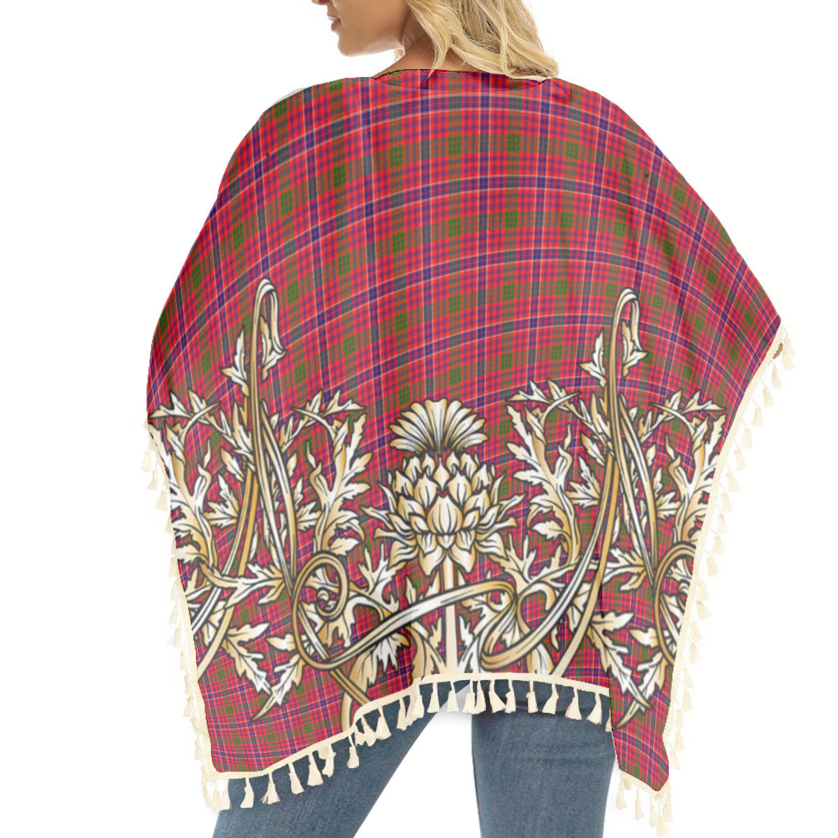 ScotsTee Shop Scottish MacRae Modern Tartan Scotland Royal Golden Thistle Square Fringed Shawl