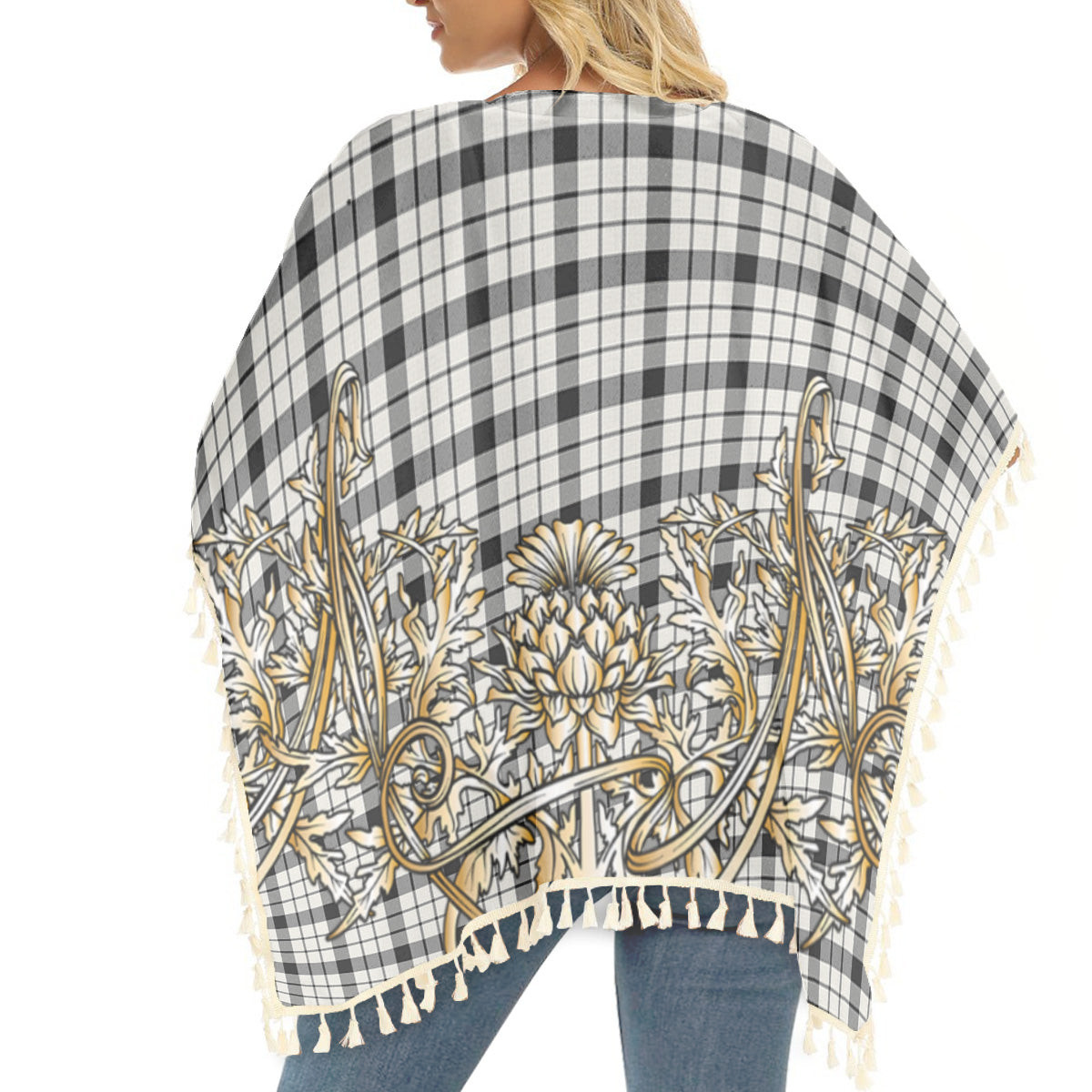 ScotsTee Shop Scottish McFarlane Black White Modern Tartan Scotland Royal Golden Thistle Square Fringed Shawl
