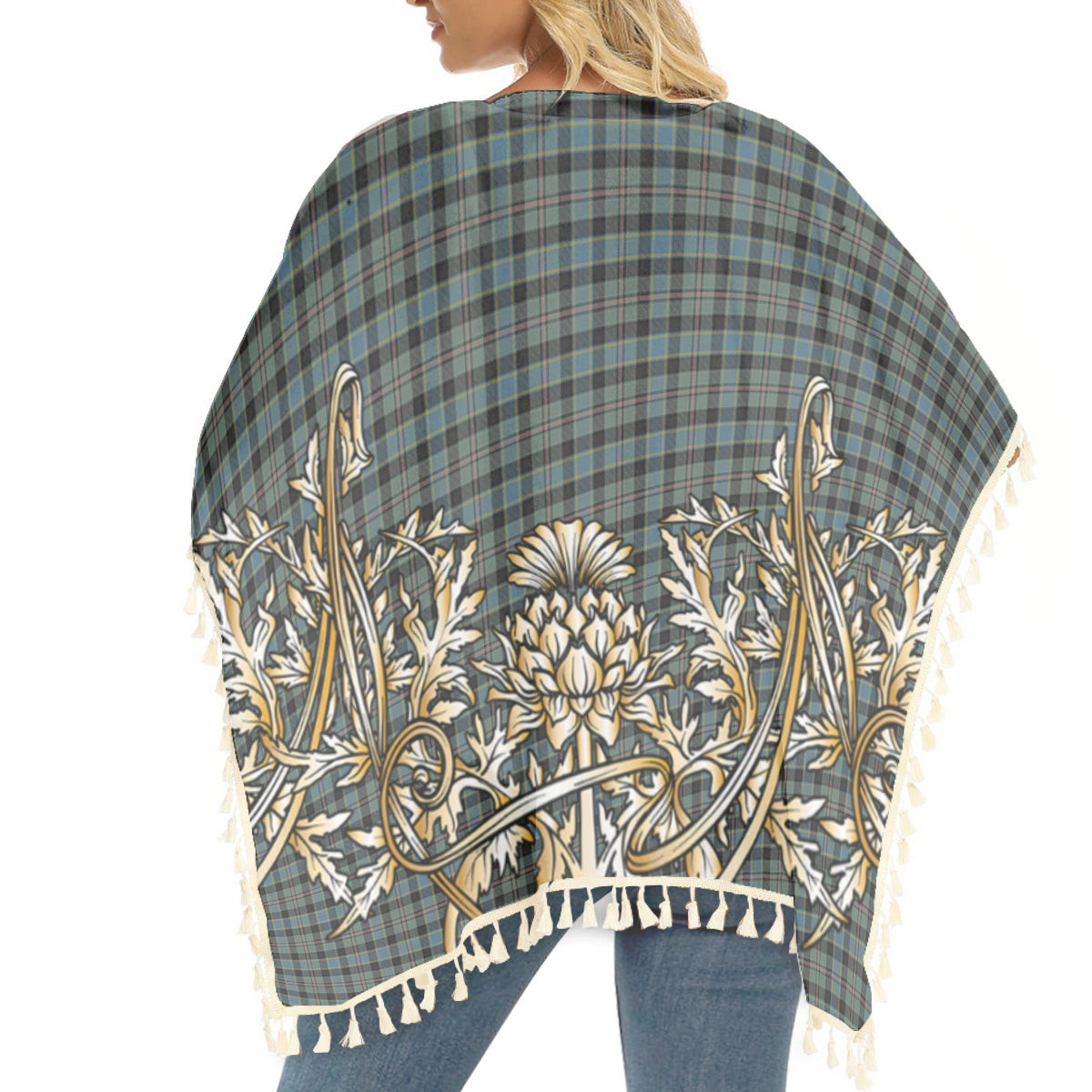 ScotsTee Shop Scottish Ogilvie of Inverarity – VS 1 Tartan Scotland Royal Golden Thistle Square Fringed Shawl