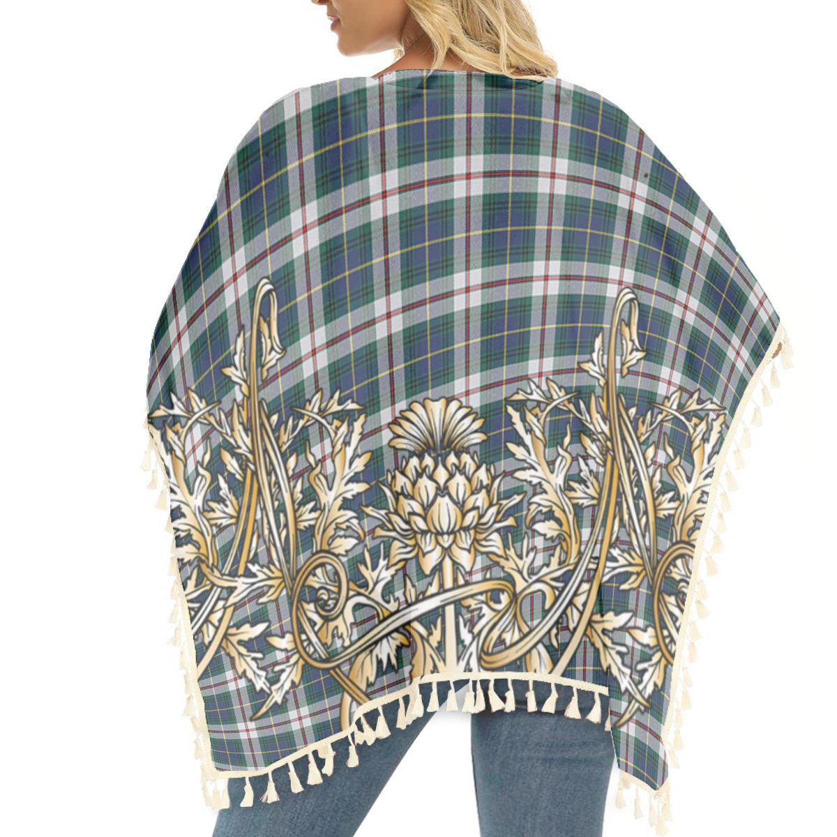 ScotsTee Shop Scottish MacLeod Of Californian Modern Tartan Scotland Royal Golden Thistle Square Fringed Shawl