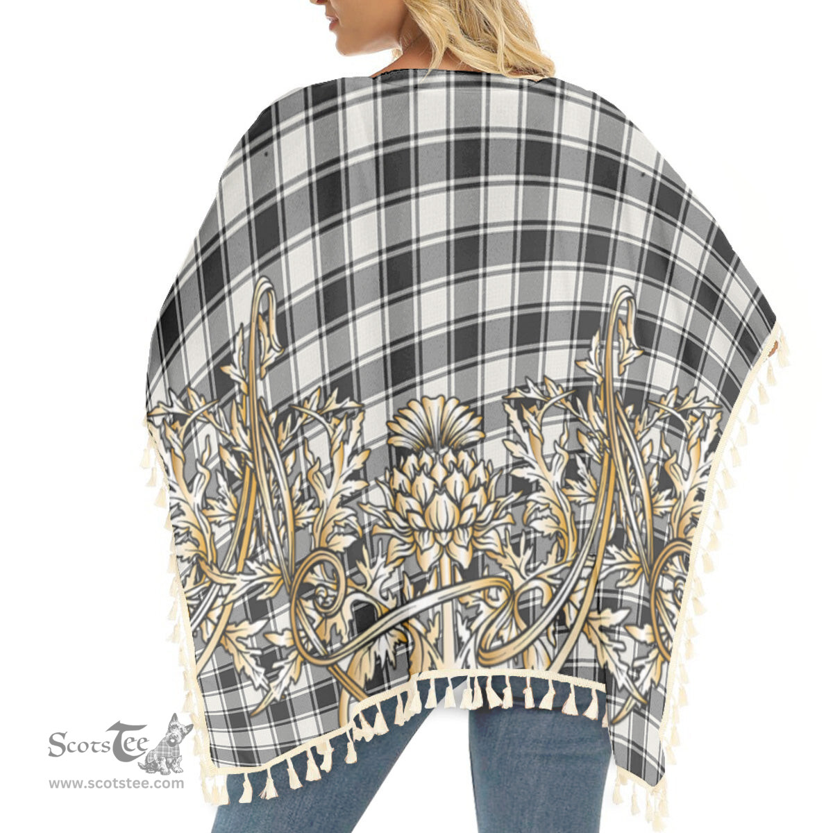 ScotsTee Shop Scottish McPhee B&W Ancient Tartan Scotland Royal Golden Thistle Square Fringed Shawl