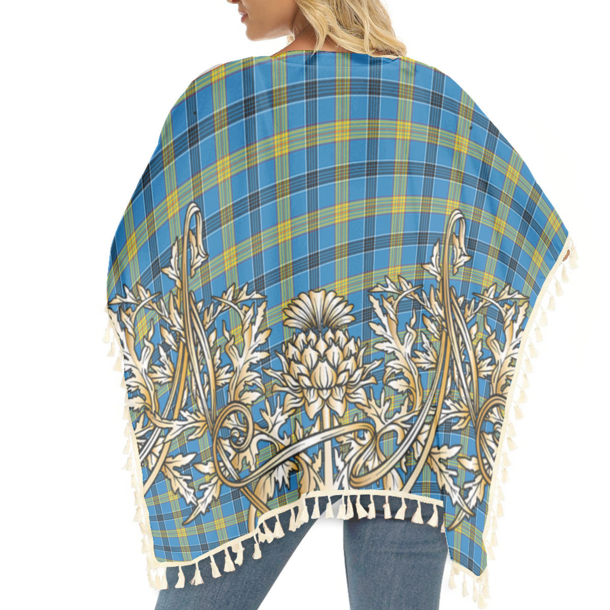 ScotsTee Shop Scottish Laing SC Tartan Scotland Royal Golden Thistle Square Fringed Shawl