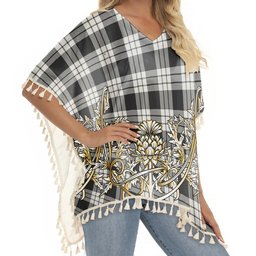 ScotsTee Shop Scottish MacFarlane Black White Tartan Scotland Royal Golden Thistle Square Fringed Shawl