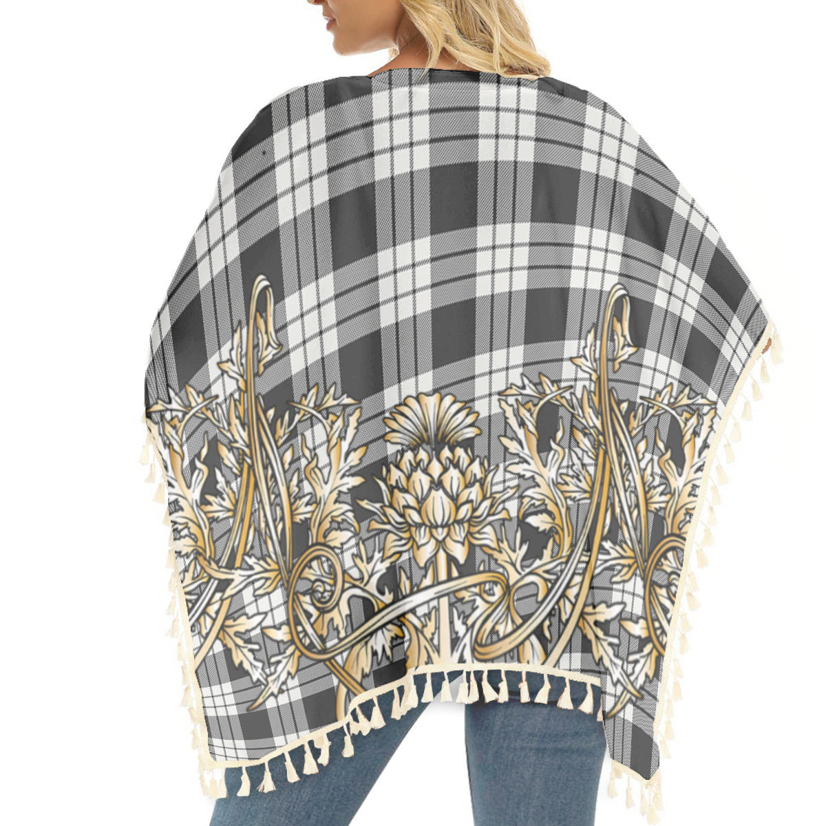 ScotsTee Shop Scottish MacFarlane Black White Tartan Scotland Royal Golden Thistle Square Fringed Shawl