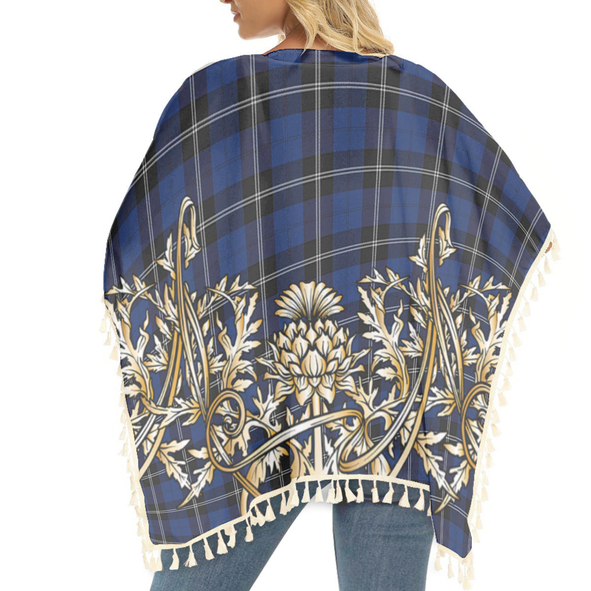 ScotsTee Shop Scottish Ramsay Blue Modern Tartan Scotland Royal Golden Thistle Square Fringed Shawl