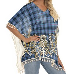 ScotsTee Shop Scottish McKay Blue Tartan Scotland Royal Golden Thistle Square Fringed Shawl