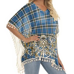 ScotsTee Shop Scottish Thompson Society Dress Blue Modern Tartan Scotland Royal Golden Thistle Square Fringed Shawl