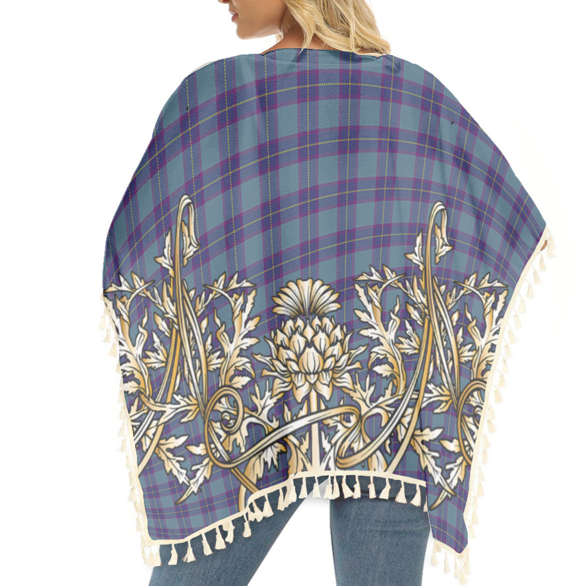 ScotsTee Shop Scottish Peacock Samantha Tartan Scotland Royal Golden Thistle Square Fringed Shawl